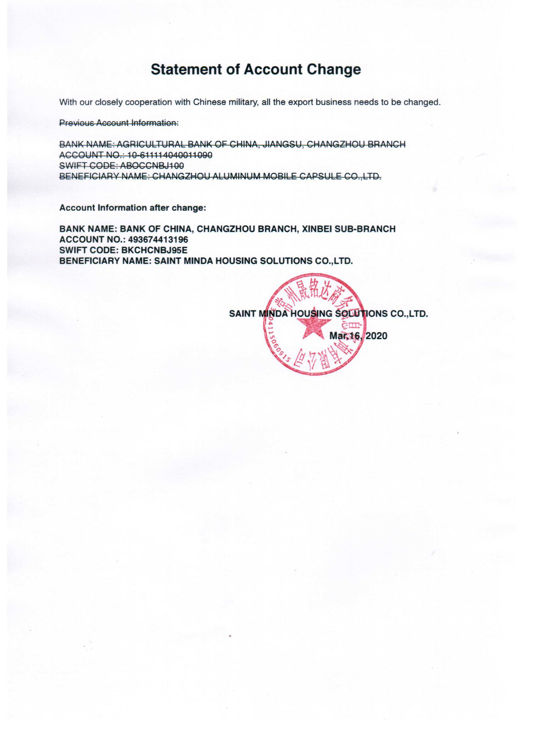 Statement of Account Change